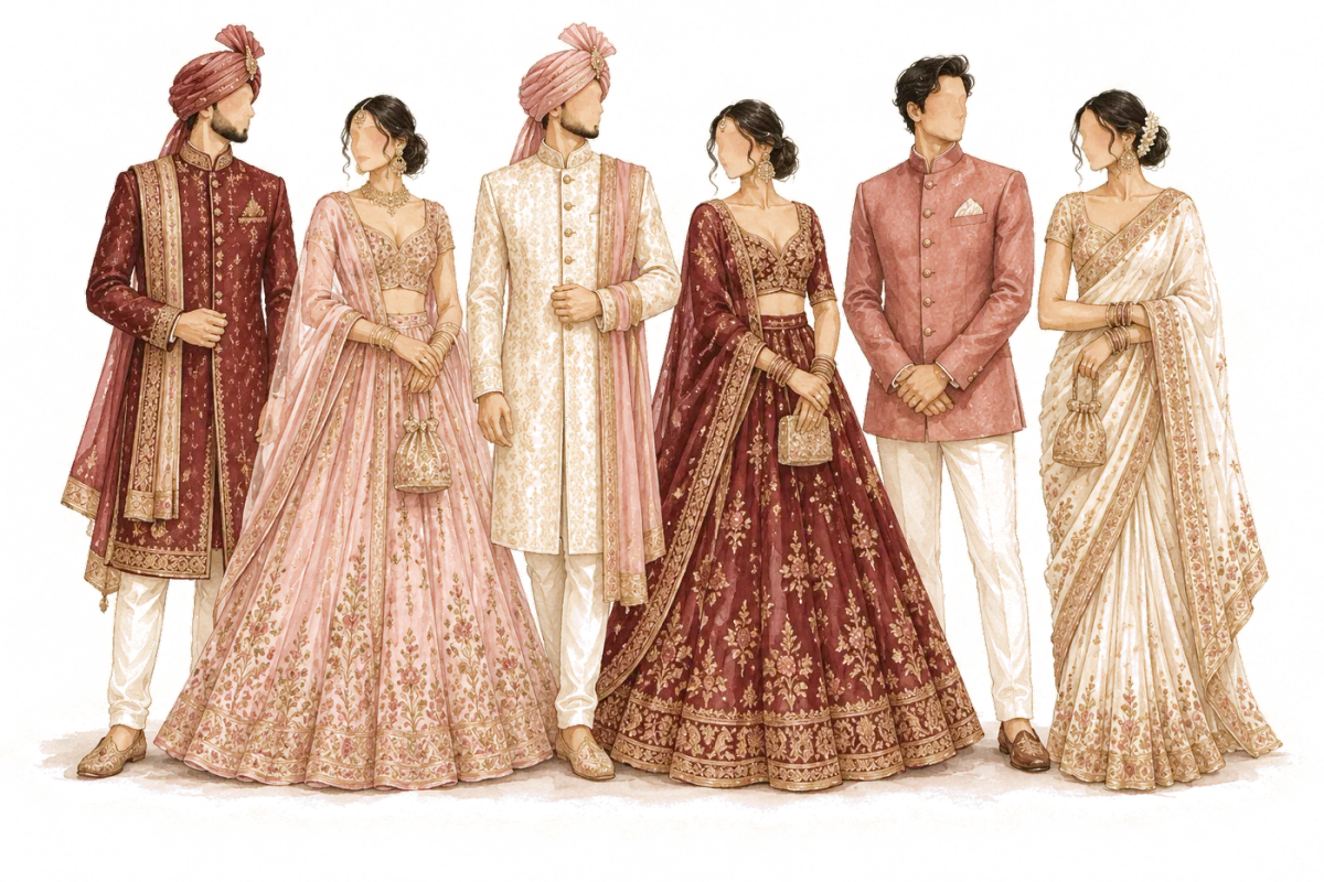 Illustration of guests in lehengas, sarees and sherwanis